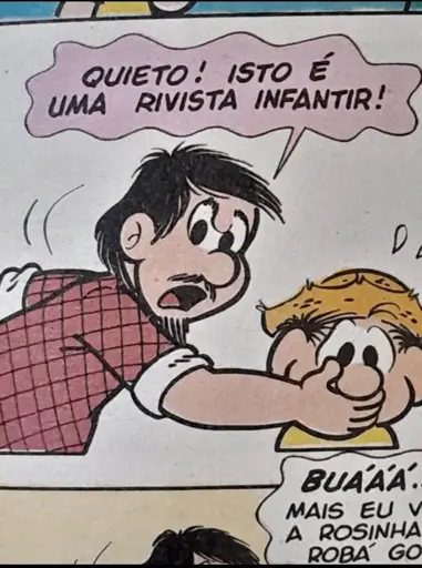 quadrinho onde o pai do Chico Bento cobre a boca do filho com a mão, ele está com uma cara séria e fala "quieto! isto é uma rivista infantir!"