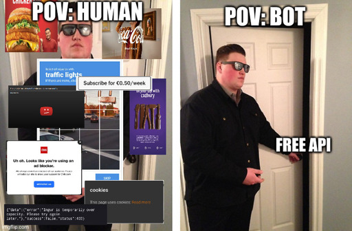 Panel one: "POV: human" a man stands in front of a closed door multiple popups and ads surround him. Panel two "POV: bot" there are no popups and the door is open.