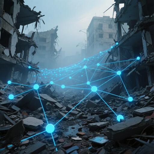 Imagem mostra cidade em escombros com pontos luminosos interligados gerada com IA chinesa Qwen.