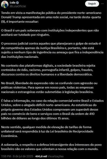 Print da postagem do Presidente Lula no X.