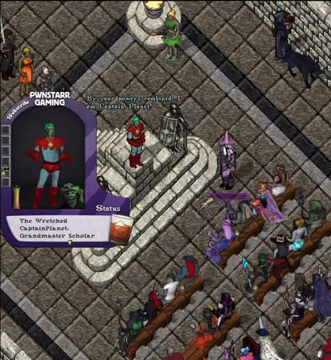 Imagem do jogo Ultima Online onde um jogador se vestiu como Capitão Planeta.