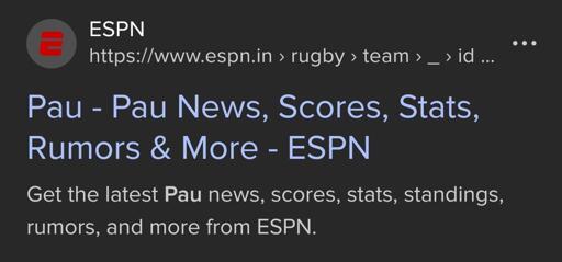 A imagem mostra um site com informações de rugby.

O título principal diz: "ESPN".

Abaixo, há uma barra de navegação que diz: "rugby".

A barra de navegação tem os seguintes links: "notícias", "pontuações", "estatísticas".

A parte inferior da página exibe uma mensagem que diz: "Rumores e Mais".
Alt text: ESPN rugby notícias pontuações estatísticas Rumores e Mais.