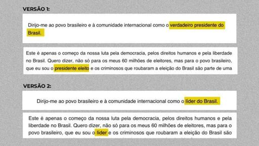Juan Guaidó brasileiro

A carta associada a Flávio Bolsonaro foi originalmente divulgada por aliados com um símbolo nacional que trazia a palavra "Estados Unidos do Brazil", escrita com z, em vez de "Brasil", com s.

Atualmente, existem duas versões do documento: uma em que ele se declara "o verdadeiro presidente eleito" e a segunda em que se autointitula "líder" do Brasil.
