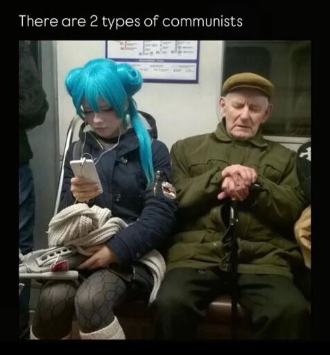 a photo of an anime cosplayer and an old serious looking man on a subway under the caption "there are 2 types of communists"