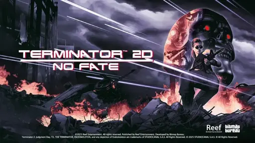 Capa de anúncio do jogo Terminator 2D: No Fate, mostrando um cenário escuro de destruição futurista pegando fogo, o título do jogo do lado esquerdo, e no lado direto, a cabeça metálica de um robô T-800, o robô T-1000 com um furo na cabeça, e na frente, a personagem Sarah Connor segurando uma arma.
