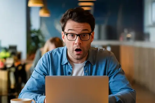 Imagem ilustrativa de um homem assusstado olhando para a tela do laptop/notebook