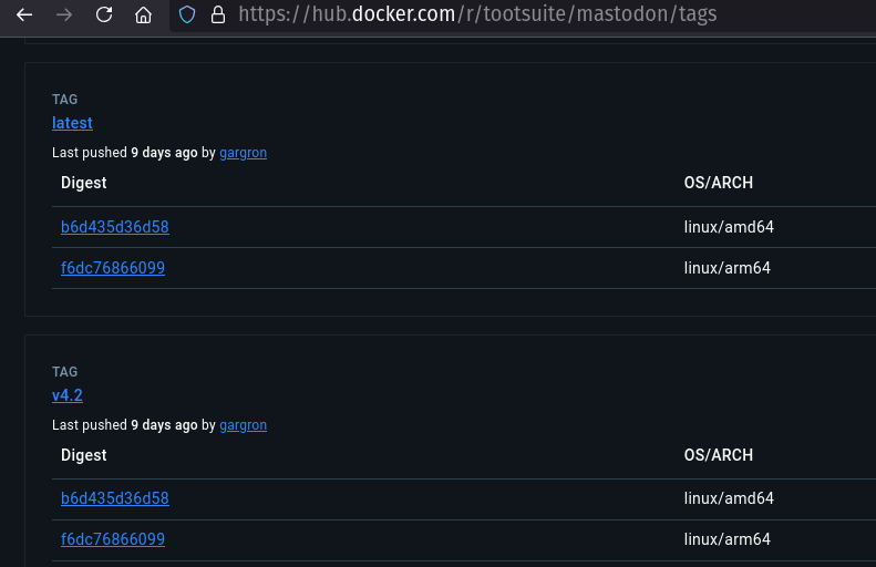 Captura de parte de tela de página do docker hub com dados sobre a imagem hootsuite/mastodon, segundo a qual a tag latest foi atualizada há nove dias por gargron e tem o mesmo hash da tag 4.2