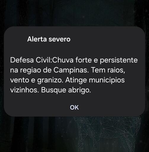 Alerta da Defesa Civil: Chuva forte e persistente na região de Campinas. Tem rádios, vento e granizo. Atinge municípios vizinhos. Busque abrigo.