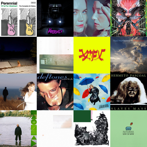 colagem de capas de álbuns em uma grade quadrada com 4 linhas e colunas.
na ordem das linhas, estão ordenadas as seguintes capas:

"A" is For Abstract: The Complete Art History
por Perennial

No Tourists
por The Prodigy

The Rubber Teeth Talk
por Daisy the Great

PsychoWarrior: MG Ultra X
por Machine Girl

From Where You Came
por Kara-Lis Coverdale

Hometown Girl
por U.E.

Xiu Mutha Fuckin' Xiu: Vol. 1
por Xiu Xiu

Impulse
por Yosi Horikawa

Valentine
por Courtney Marie Andrews

Around the Fur
por Deftones

Tão Bom Se Apaixonar
por Hellen

Slaves Mass (Expanded)
por Hermeto Pascoal

Sad
por Ikonika

Other Girl
por U.E.

Schlagenheim
por black midi

Sofa So Good
por Totorro