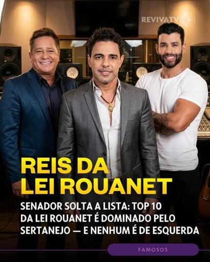 A imagem é um card de redes sociais com fundo escuro e texto em branco e laranja. O título principal é "SENADOR SOLTA A LISTA: TOP 10 DA LEI ROUANET DOMINADO PELO SERTANEJO – E NENHUM DE ESQUERDA".