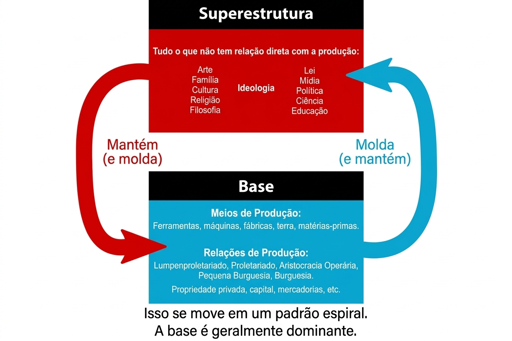 Superestrutura
Tudo o que não tem diretamente a ver com a produção:
No centro está a Ideologia, que engloba:
Arte
Família
Cultura
Religião
Filosofia
Direito
Mídia
Política
Ciência
Educação
Dinâmica de Interação (Setas)
Seta Vermelha (da Superestrutura para a Base): Mantém (e molda).
Seta Azul (da Base para a Superestrutura): Molda (e mantém).
Base
Meios de Produção: Ferramentas, máquinas, fábricas, terras, matérias-primas.
Relações de Produção: Lumpemproletariado, Proletariado, Aristocracia Operária, Pequena Burguesia, Burguesia.
Propriedade privada, capital, mercadorias, etc.
Texto Inferior
Isso se move em um padrão espiral.
A base é geralmente dominante.