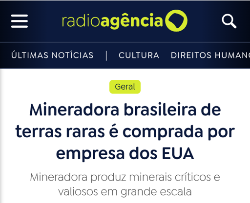 Brasil acaba de vender o controle da sua ÚNICA mina de terras raras em operação. A Serra Verde, mineradora de Pernambuco, foi comprada pelo grupo americano USA Rare Earth, negócio fechado no dia 20. 

Terras raras são essenciais para chips, baterias e equipamentos militares. E agora, quem manda lá são os EUA.

A Serra Verde, em Pernambuco, agora pertence ao grupo americano USA Rare Earth.