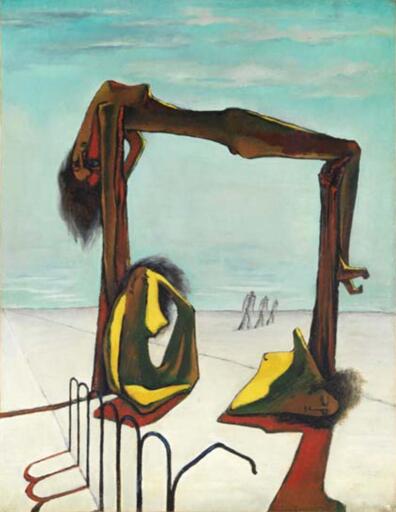 Uma imagem de um campo árido e desolado. No lado esquerdo, a silhueta vertical de um objeto marrom escuro se estende para cima, com uma cabeça em cima. À direita, uma silhueta semelhante se estende verticalmente, mas se estreita para cima em um ponto. Entre as duas silhuetas, há um objeto circular marrom escuro com uma forma irregular branca no centro. Uma pequena silhueta em forma de cone marrom escuro está presente no lado direito, com uma mancha irregular escura na lateral. Linhas escuras e sinuosas estão presentes na parte inferior da imagem, e há várias árvores pequenas na linha do horizonte.