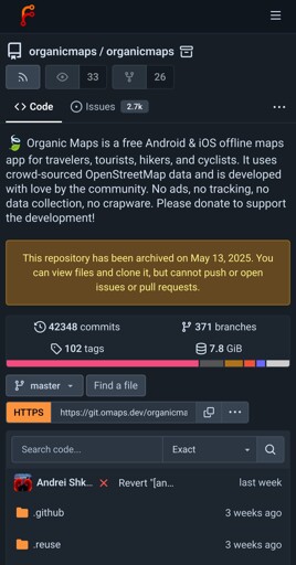 Organicmaps' repository on forgejo with the text 
"This repository has been archived on 2025-05-13. You can view files and clone it, but cannot push or open issues or pull requests."