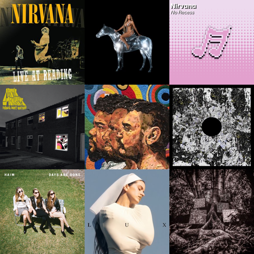 colagem de capas de álbuns em uma grade quadrada com 3 linhas e colunas.
na ordem das linhas, estão ordenadas as seguintes capas:

Live at Reading
por Nirvana

RENAISSANCE
por Beyoncé

No Recess
por Nirvana

Favourite Worst Nightmare
por Arctic Monkeys

CRIOLO, AMARO E DINO
por Criolo

Antares Flare
por Antares Flare

Days Are Gone (Deluxe Edition)
por HAIM

LUX
por ROSALÍA

Harmony of Difference
por Kamasi Washington