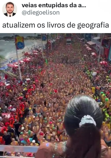 No topo uma foto de perfil com o nome: "veias entupidas da...", que escreveu: "atualizem os livros de geografia"
Abaixo, uma foto do carnaval de Salvador, onde os pagantes, brancos, no centro, e em torno, os não-pagantes, negros, onde o contraste de classe e cor fica explícito.