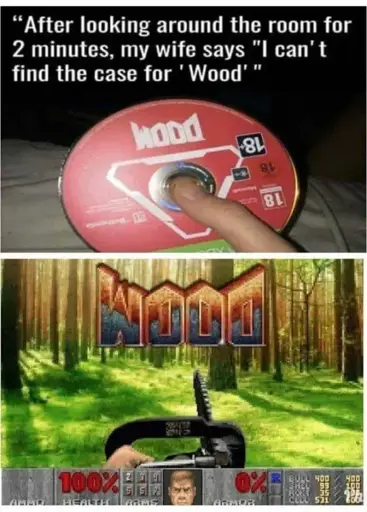 "After looking around the room for 2 minutes, my wife says "I can't find the case for 'Wood'". Picture of the disk for Doom rotated by 90°. Below a picture of a forest with the hud and the chainsaw of the original Doom