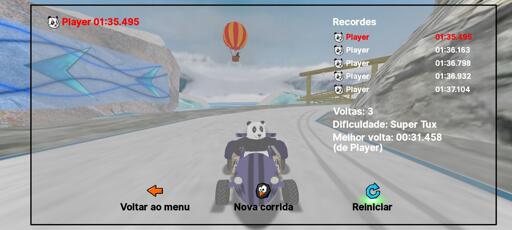 Captura de tela do jogo Super Tux Kart, na fase Picos Nevados, sem itens ou oponentes, com o tempo de 1:35:495