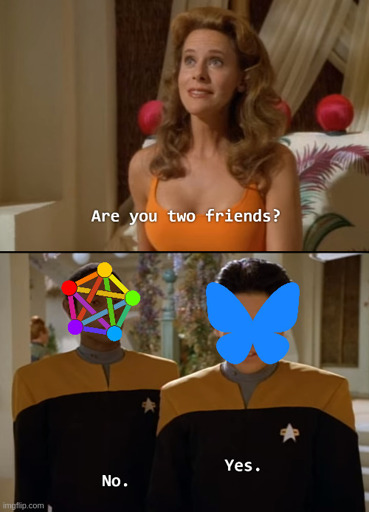 A woman asks "Are you two freinds?". The fediverse responds "No." and Bluesky responds "Yes.".
