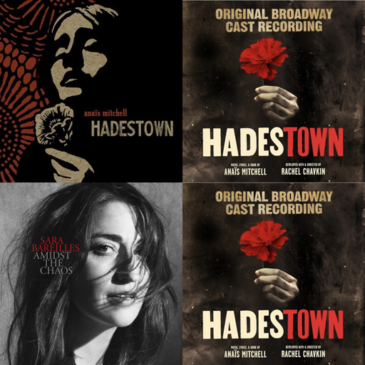 colagem de capas de álbuns em uma grade quadrada com 2 linhas e colunas.
na ordem das linhas, estão ordenadas as seguintes capas:

Hadestown
por Anaïs Mitchell

Hadestown (Original Broadway Cast Recording)
por Reeve Carney

Amidst the Chaos (Bonus Version)
por Sara Bareilles

Hadestown (Original Broadway Cast Recording)
por Eva Noblezada