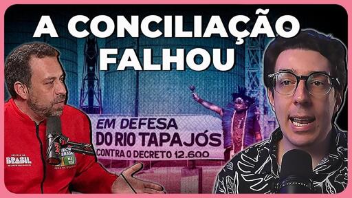 Uma montagem com diversas fotos. Na parte superior central, escrito digital: "A CONCILIAÇÃO FALHOU". No fundo, ao centro, uma foto em baixa definição, com um indígena à direita e à esquerda dele, uma enorme faixa escrito: "EM DEFESA DO RIO TAPAJÓS contra o decreto 12.600". Atrás do indígena e da faixa, um depósito gigantesco.
À extrema esquerda da montagem, o Boulos.  E a extrema direita, mais próximo, o ian Neves.