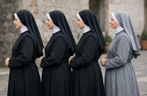 Foto de quatro freiras em fila. A quarta e última está vestindo um hábito cinza enquanto as três primeiras usam um hábito preto